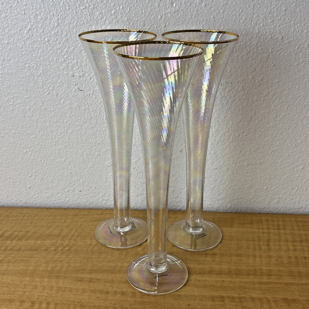 Anthropologie Dobra Blue Champagne Flutes with 24K Gold Rim Set of 3