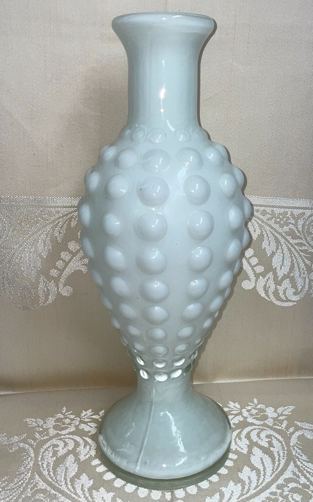 13 Inch  High Vase Cased Glass White Milk Glass Style Bubble Pattern
