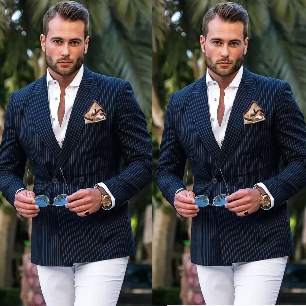 Navy Blue Striped Men's Suits Double Breasted Peak Lapel Wedding Tuxedo 2 Pieces