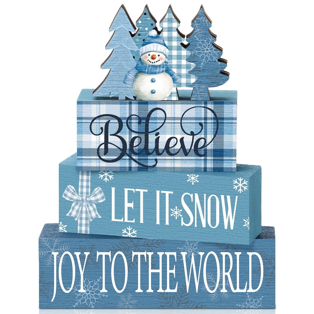 4 Pcs Christmas Blue Snowman Decoration Winter Wooden Tiered Tray Decor Xmas ...