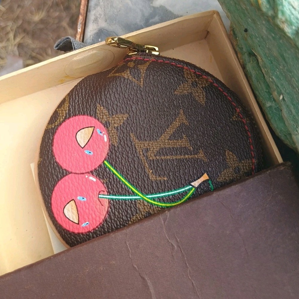 Louis Vuitton Monogram Cerises Cherry Print Coin Purse Charm Brown Red Green