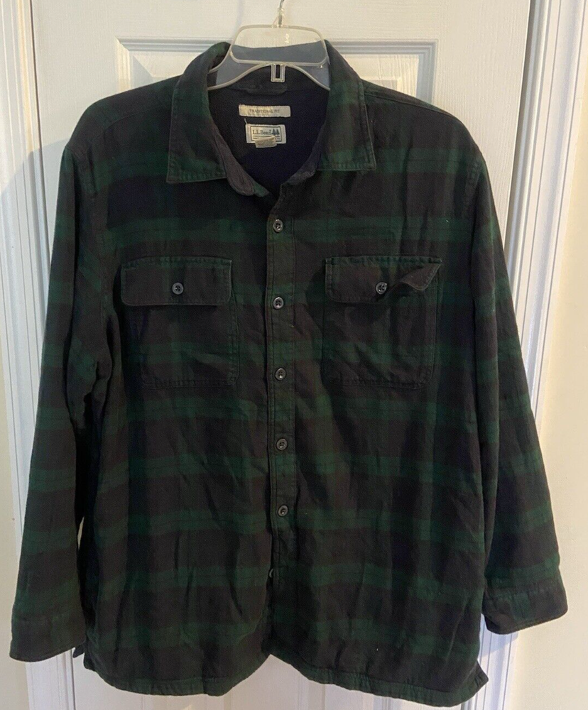 Men's XL LL Bean Fleece-Lined Flannel Shirt Jacket in Green Plaid for Outdoor Chores