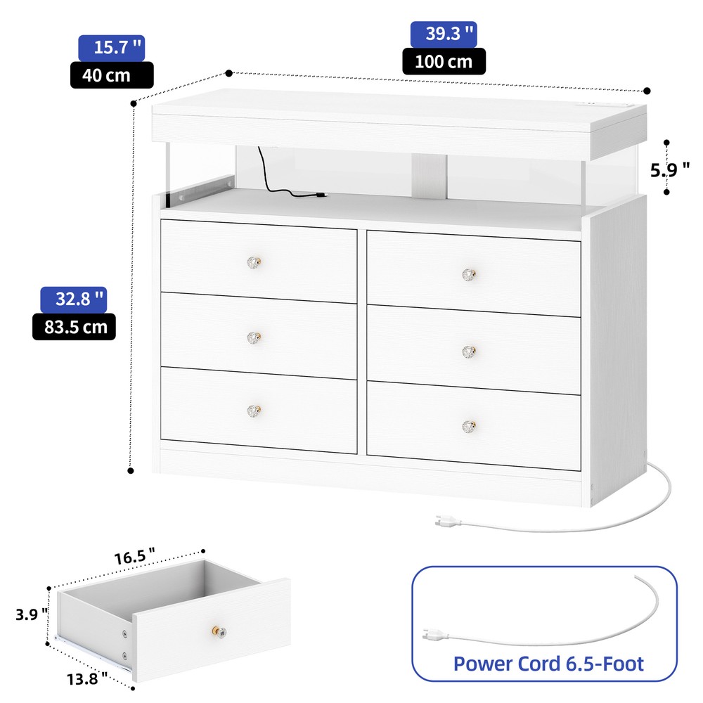 White Wooden 6-Drawer Storage Cabinet with USB Power Strip & Shelves