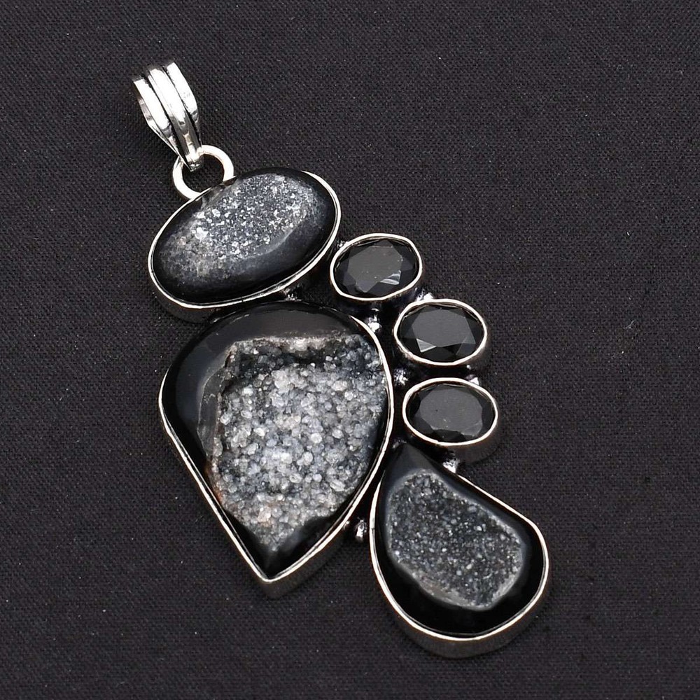 Black Druzy Black Onyx Gemstone Ethnic Handmade Pendant Jewelry 2.88