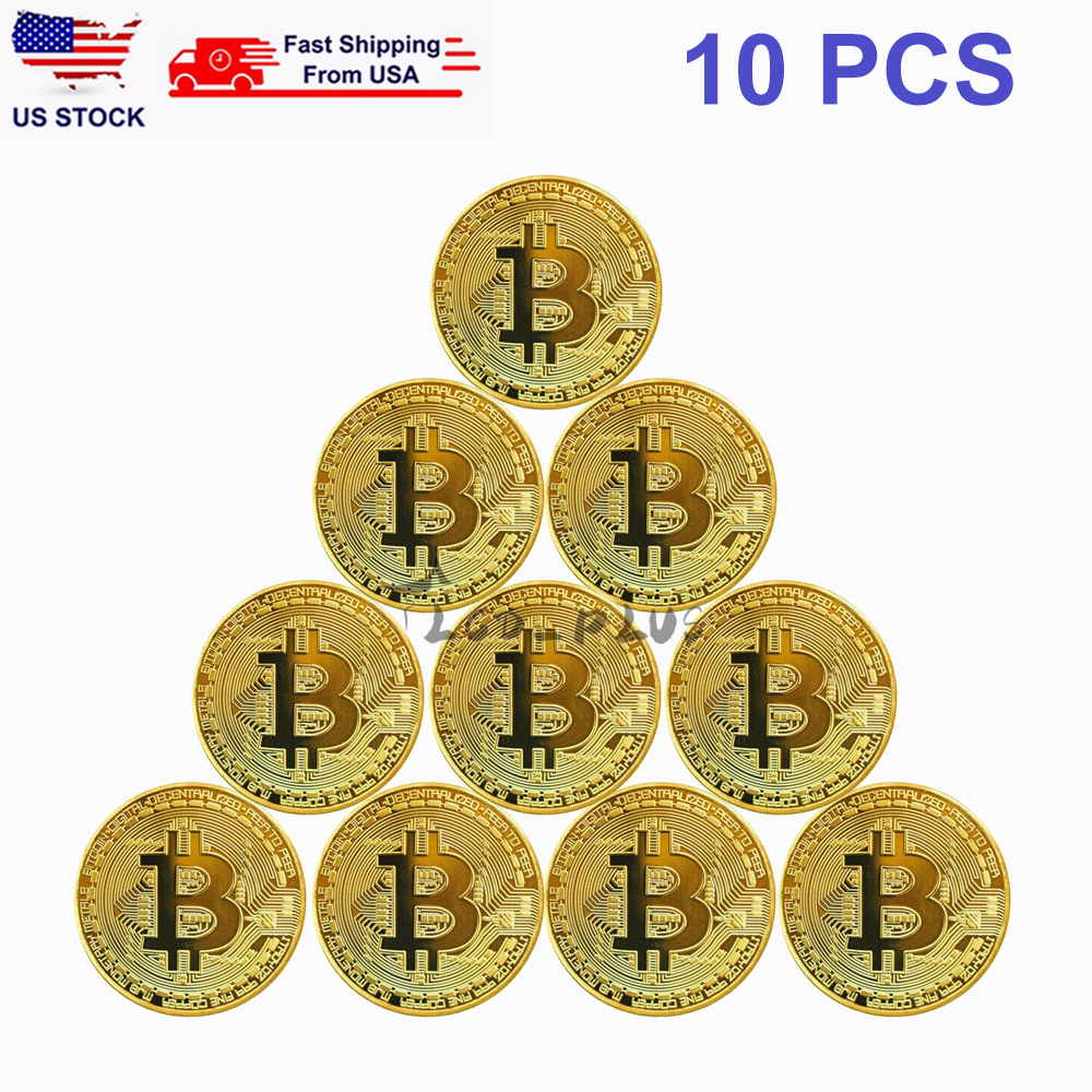 10Pcs Physical Bitcoin Coins Commemorative Gold Plated Bit Coin Collectible US