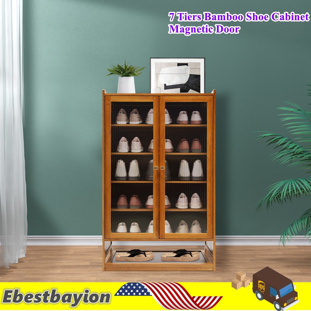 7-Tier Bamboo Shoe Storage Cabinet with Magnetic Door Organizer Rack