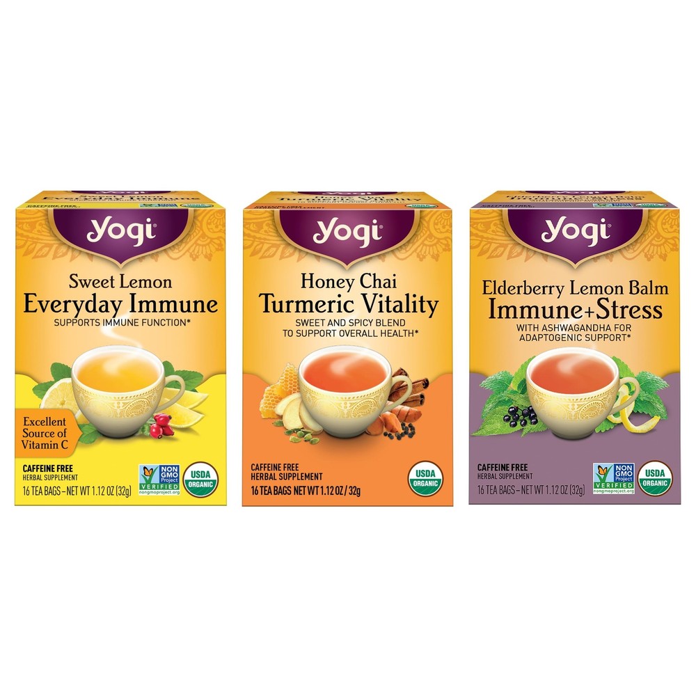 Yogi Herbal Lemon Immune Support Tea Variety Pack - 16 Tea Bags per Pack 3 Flavors