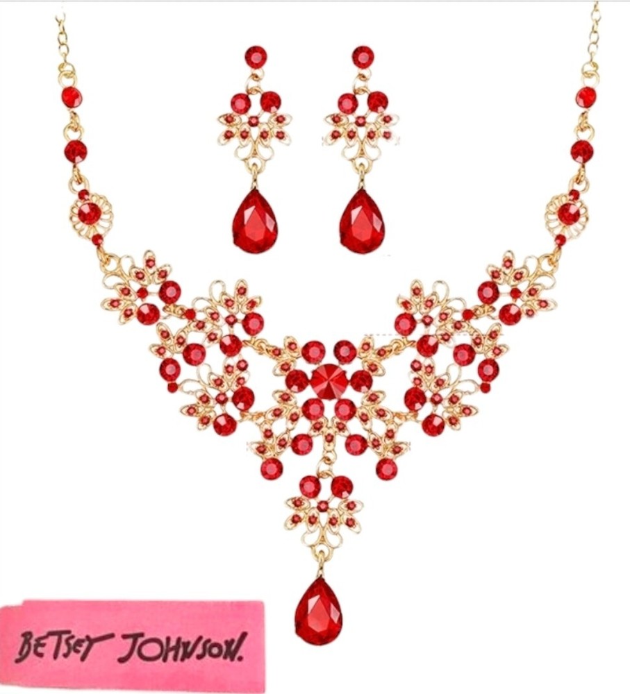 Betsey Johnson Gold Red Crystal Floral Necklace and Earring Jewelry Set