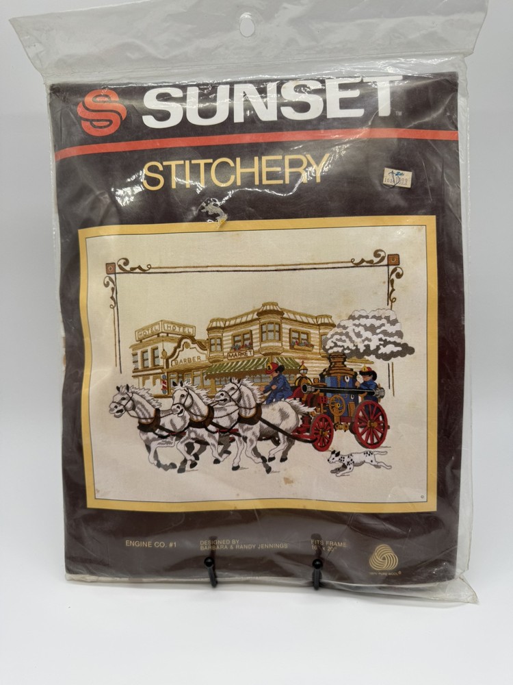 Vintage Sunset Stitchery Embroidery Kit Fire Engine Co. #1 Wool Yarn Made USA