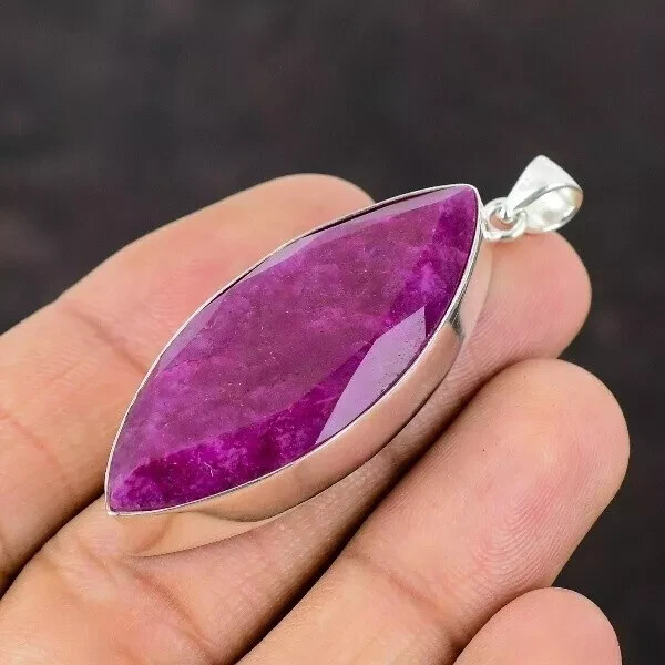 Kashmir Rubi Gemstone 45 Ct Marquise Handmade 925 Sterling Silver Pendant Jewelry