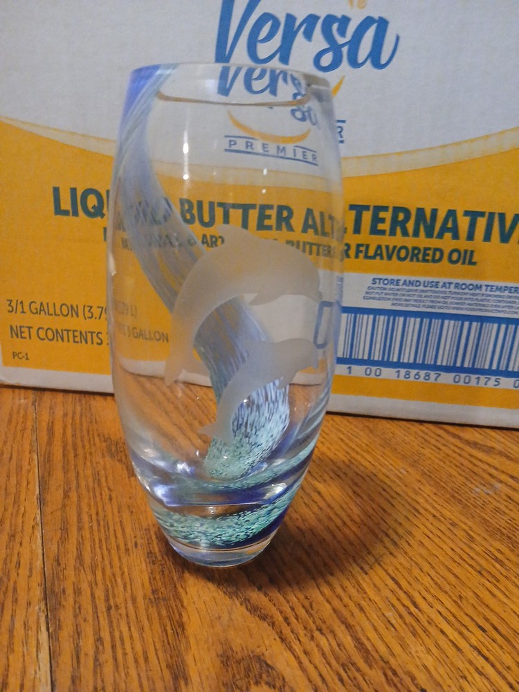 Lenox Scotland Art Glass Undersea Paradise Frosted Dolphins Clear to Blue Vase