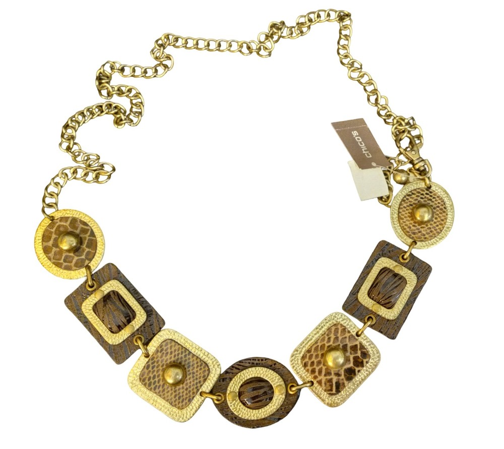 New Chico’s Women’s Gold Bronze Cecily Geo Leather Chain Metal Belt Size M/L