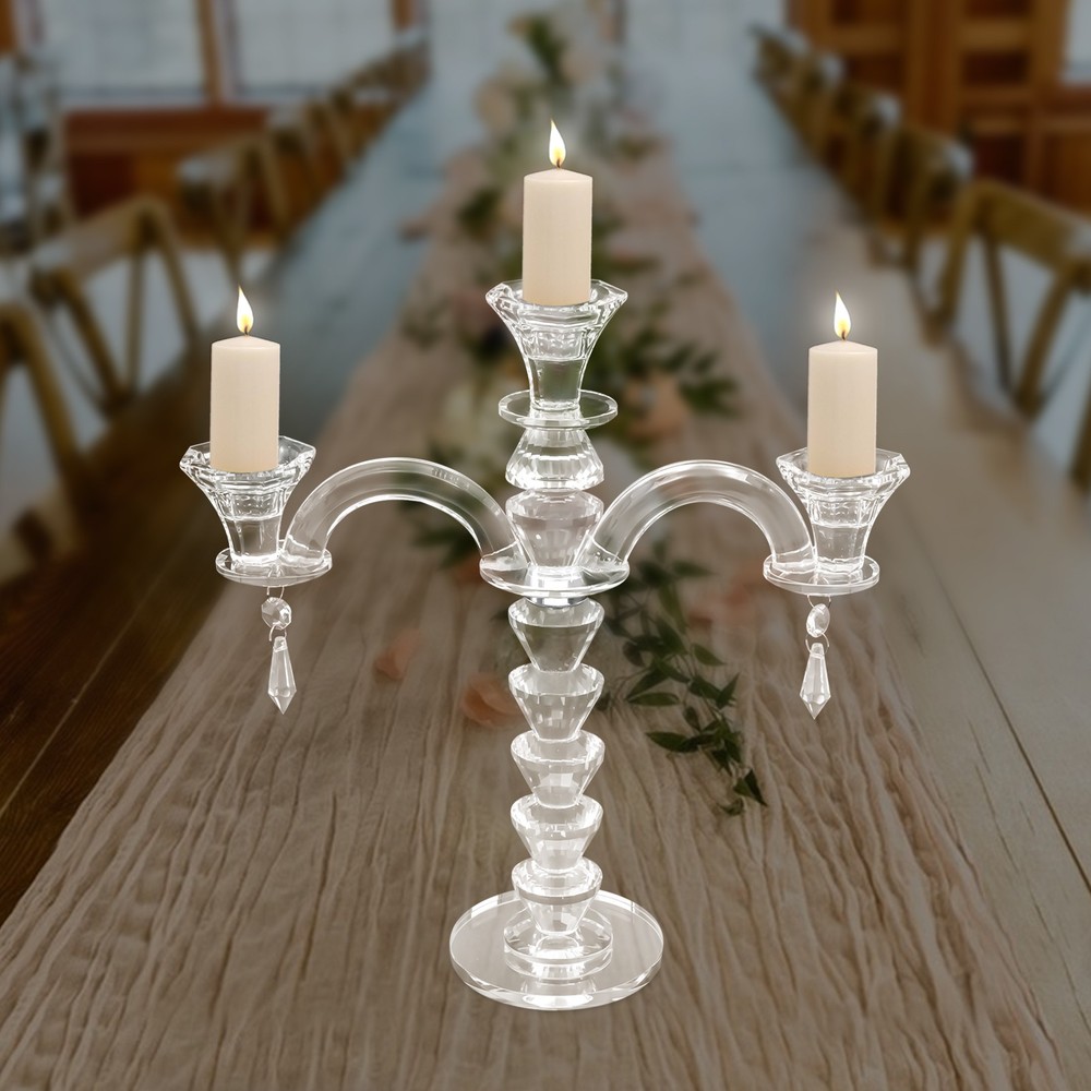 3-Candle Holder, 10.5in Artificial Crystal Candle Holder, 3-Arm Candle Holder