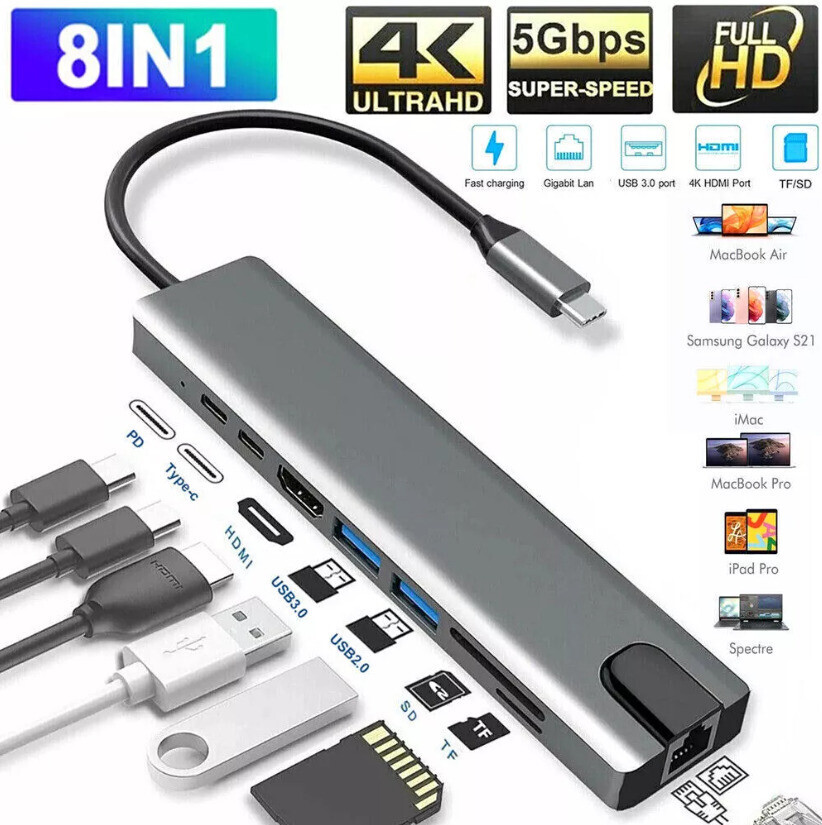 8-in-1 USB-C Hub with HDMI 4K USB 3.0 Micro SD Ethernet for PC HDTV Laptop