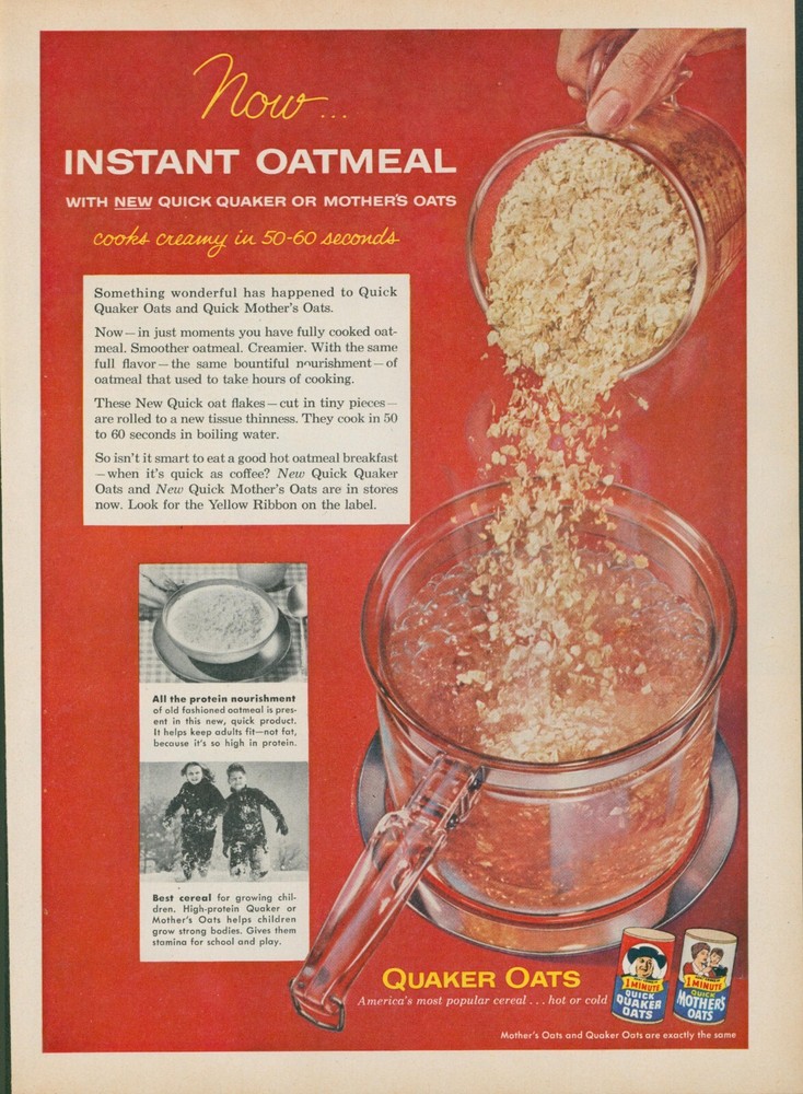 1955 Quaker Oats Instant Glass Bot Stove Children Snow Vintage Print Ad FJ1