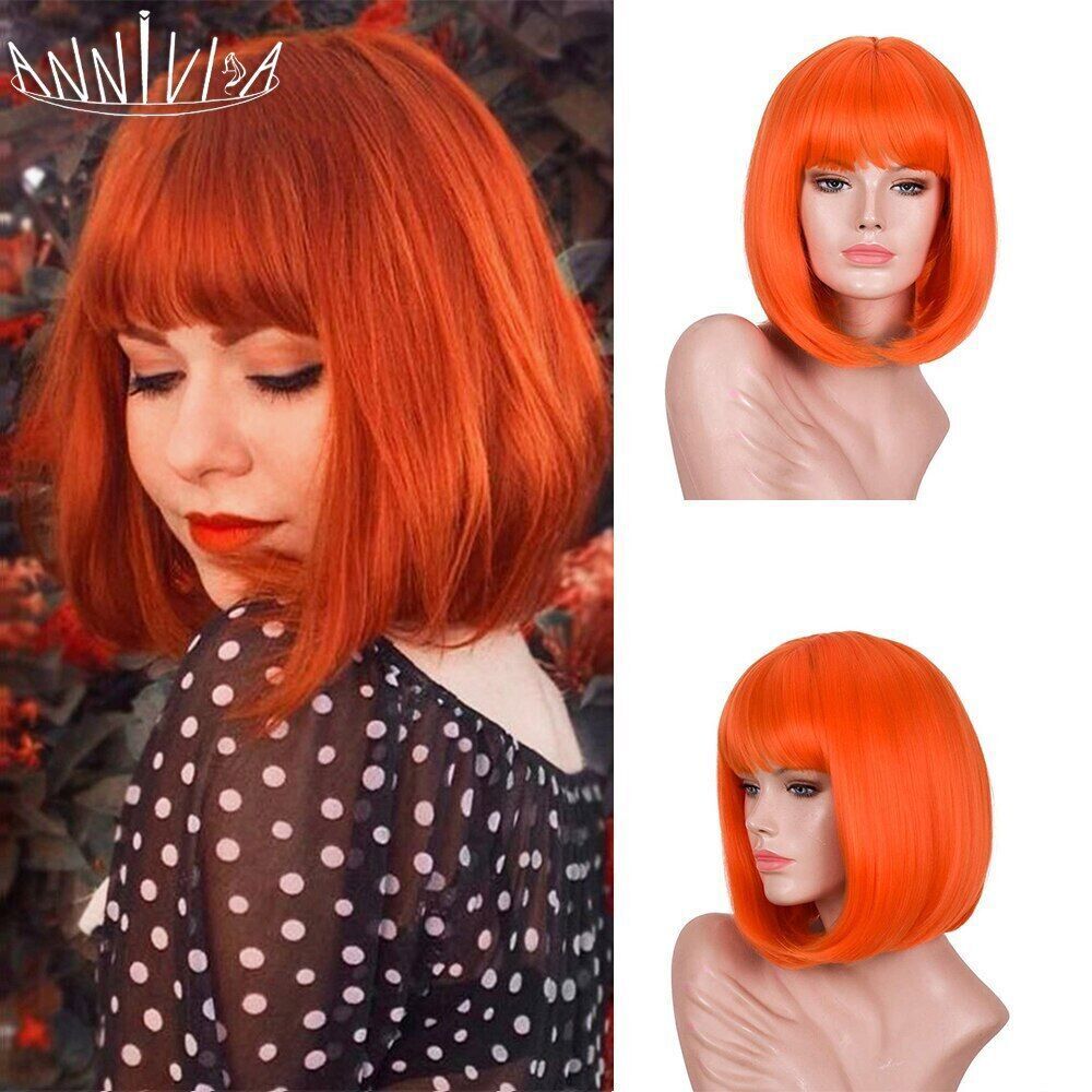 Synthetic Glueless Short Bob Wig with Bangs in Purple Pink Brown for Cosplay & Party