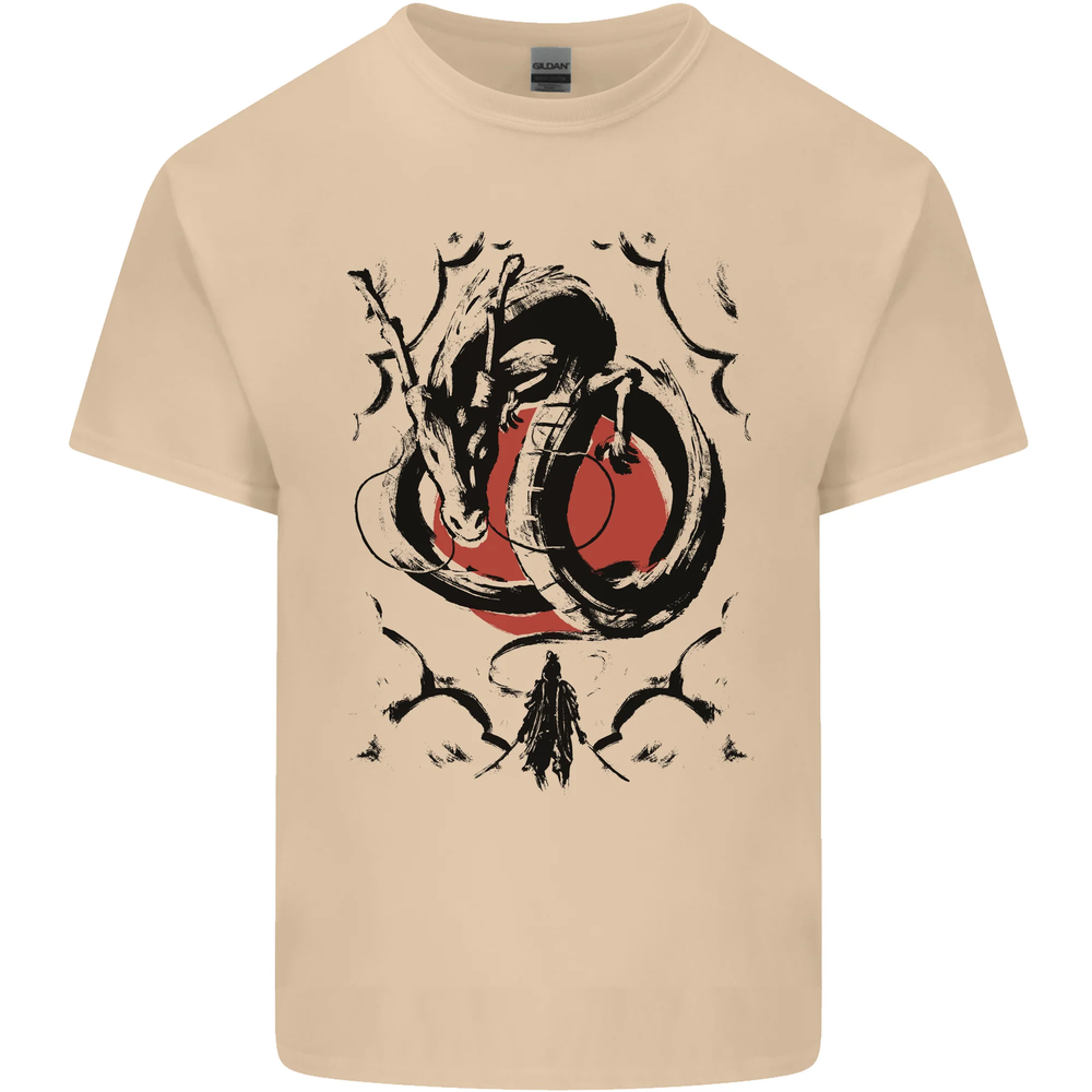 Samurai Warrior Dragon & Sun Fantasy MMA Mens Cotton T-Shirt Tee Top