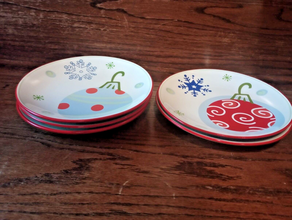 5-Piece Pfaltzgraff Taffy Candy Christmas Plates - 3 Blue & 2 Red Ornament Designs