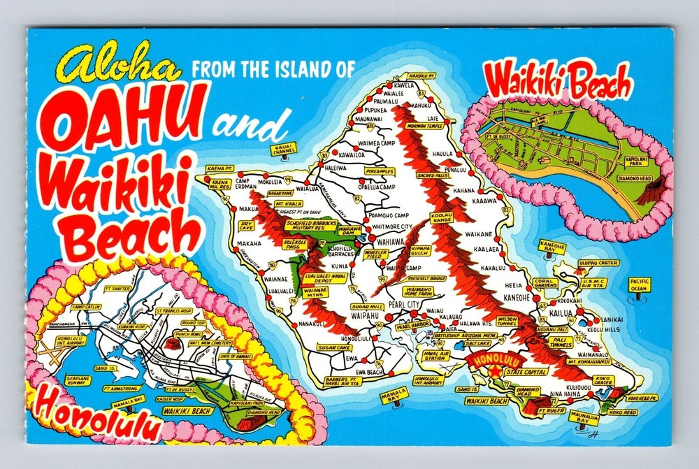 Oahu HI-Hawaii, Map General Greetings Landmarks, Antique, Vintage Postcard