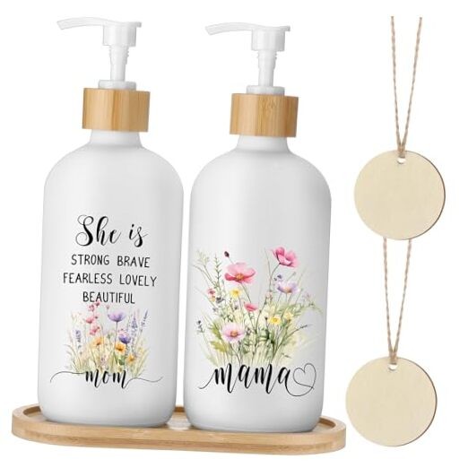 for Mom from Daughter Son Kids,2 Pack Glass Soap Dispenser for Mom with Wood