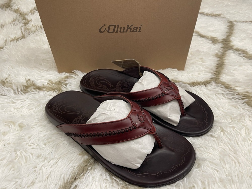 OluKai Men's Mea Ola Leather Sandals Size 10 Terra Dark Wood New