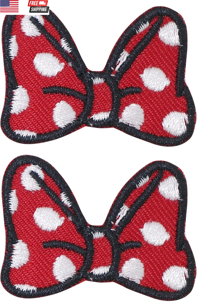 2Pc Minnie Mouse Red Bow Embroidered Iron-On Applique Patches for Clothing