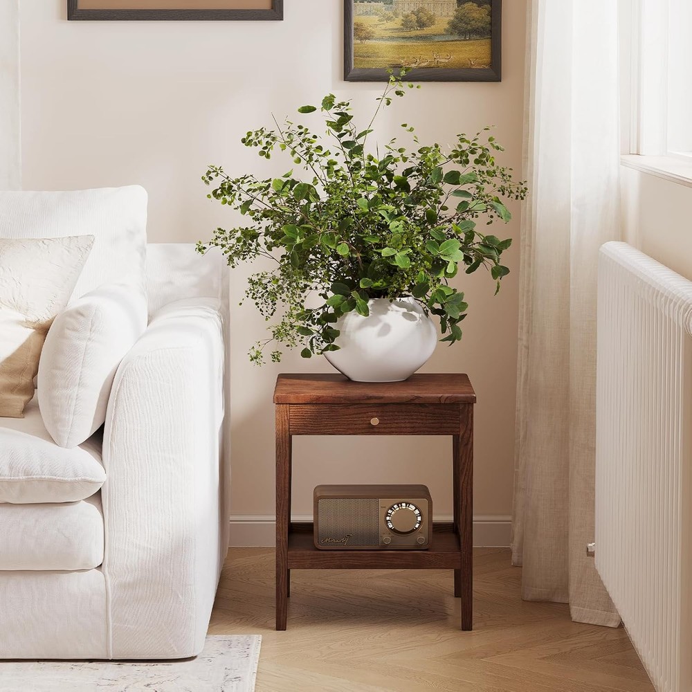 2 Tier Solid Wood Living Room Side Table with Lower Shelf  