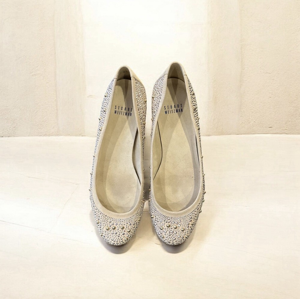 Elegant Stuart Weitzman Nubeads beige suede rhinestone studded ballet flats