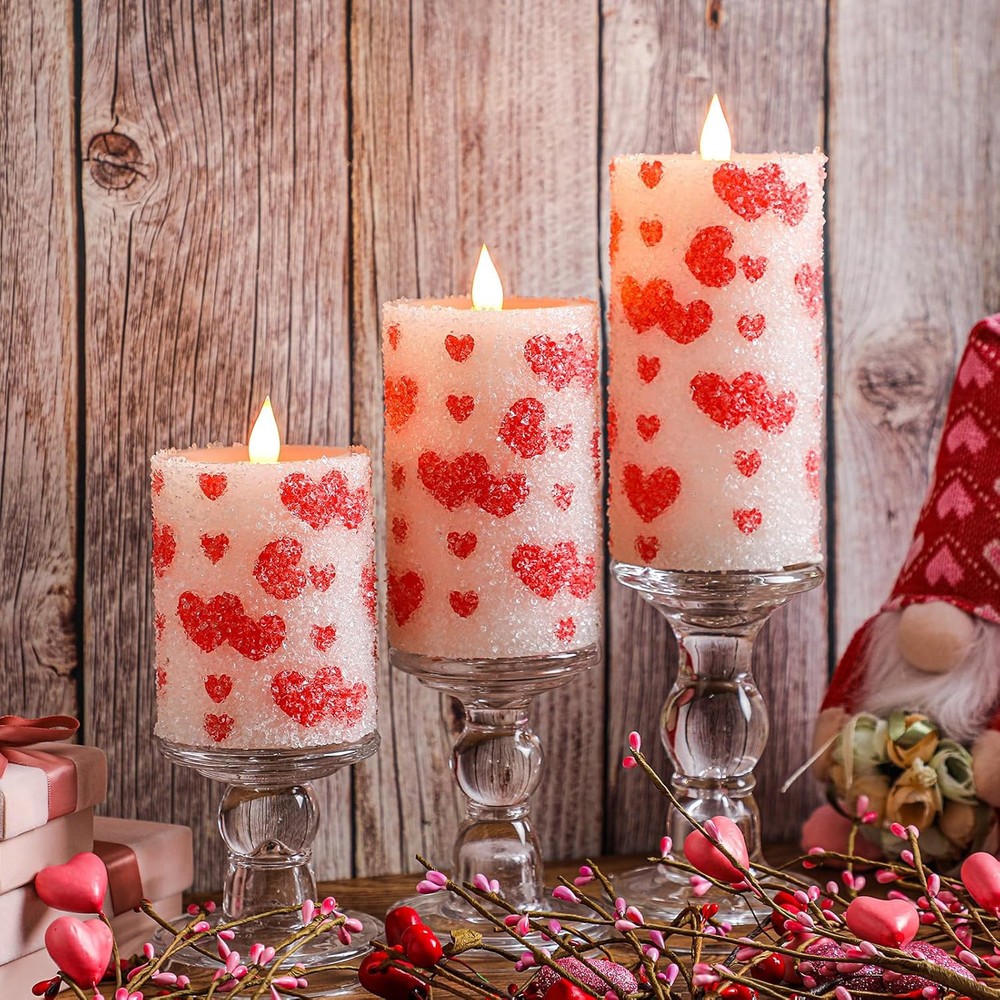 3 Pcs Valentine's Day Pillar Candles Flameless LED Red Heart red and white