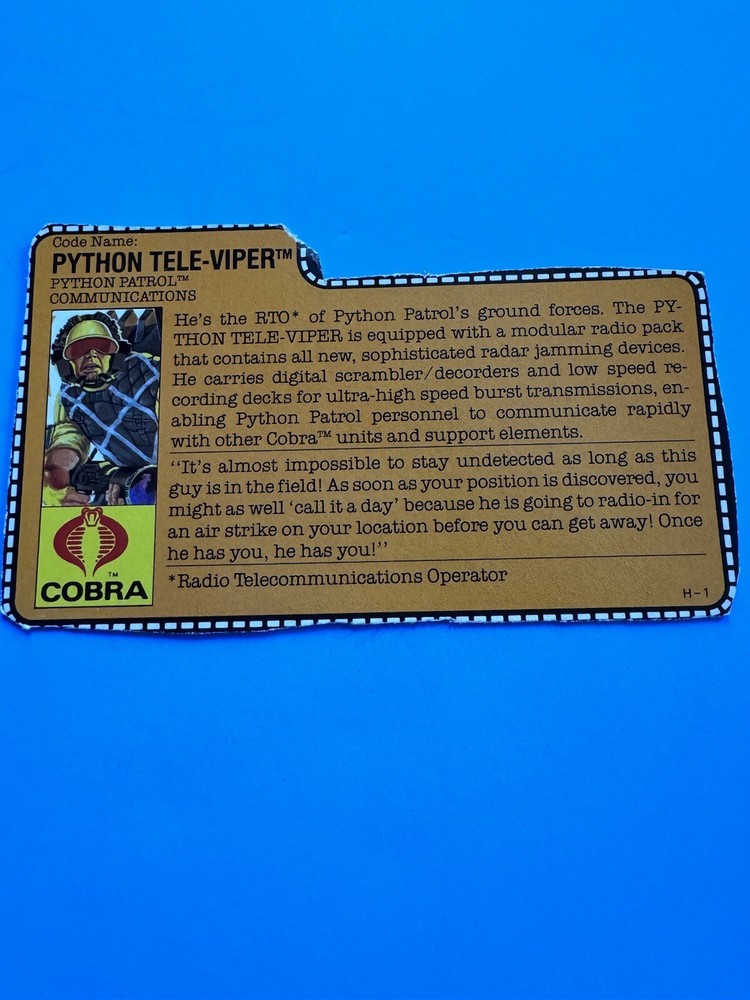 Vintage 1989 G.I. Joe Python Patrol TELE-VIPER v2 File Card Back ARAH Nice!