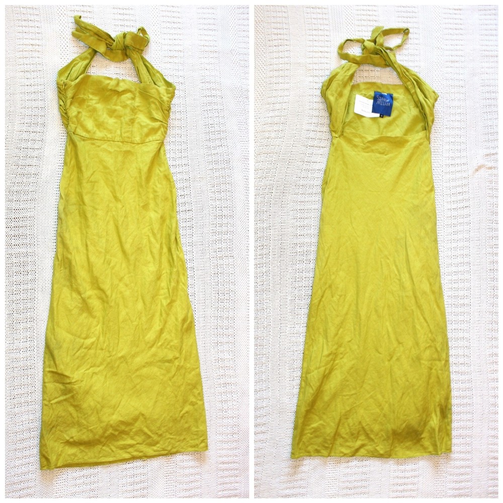 NWT Simon Miller kiwi Green linen Midi dress Size M Open Back Neck tie preppy