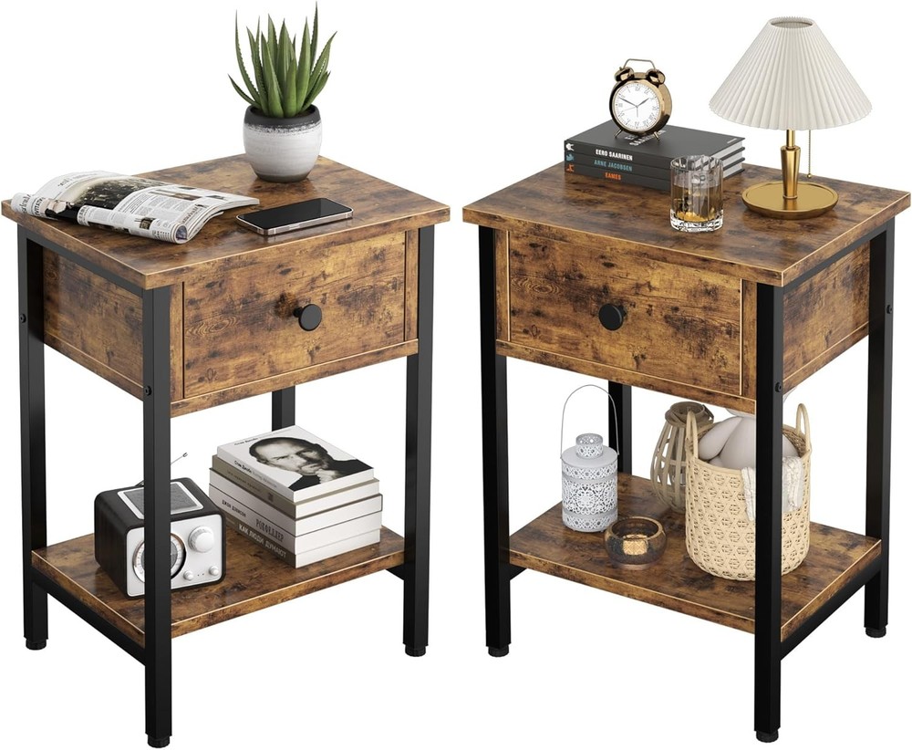 Rustic Brown Nightstand Set of 2 with Wood Drawers, Bedside Tables