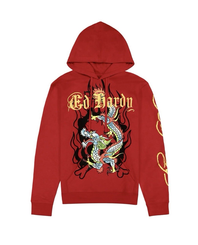 ED HARDY Men's M Dragon Skull Red Hoodie with Kangaroo Pocket