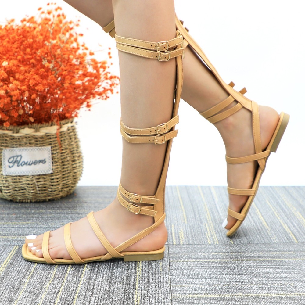 Women's Gladiator Style Flat Sandals Calf High Strappy Design with Gold Buckles