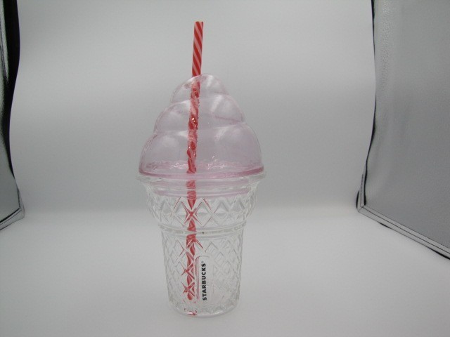 Starbucks Frappuccino Shaped Glass Cup w Pink Swirled Lid & Red Striped Straw