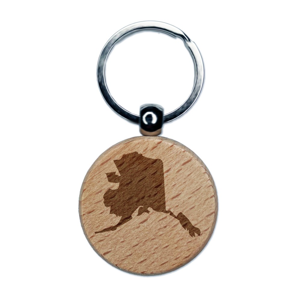 Alaska State Silhouette Engraved Wood Round Keychain Tag Charm