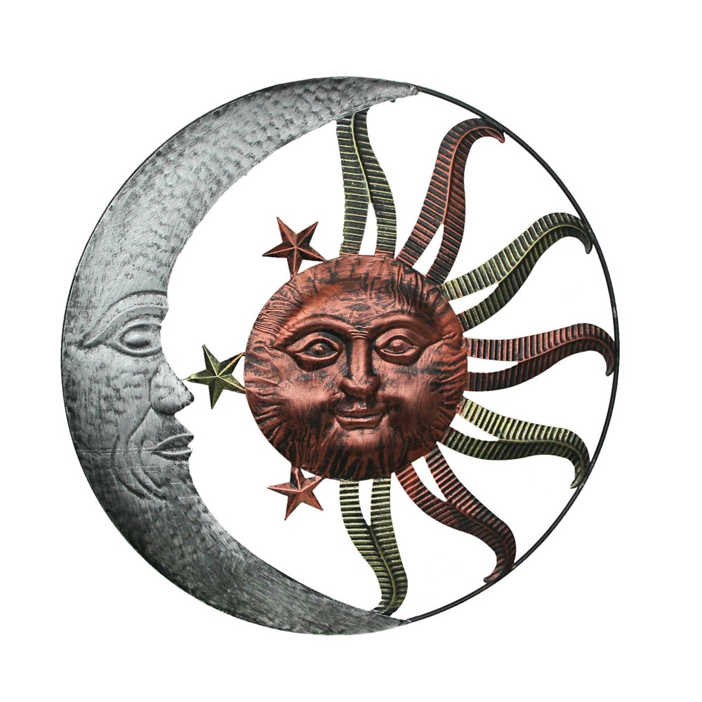 32 Inch Copper Brass Metal Sun Moon Face Wall Sculpture Indoor Outdoor Decor Art