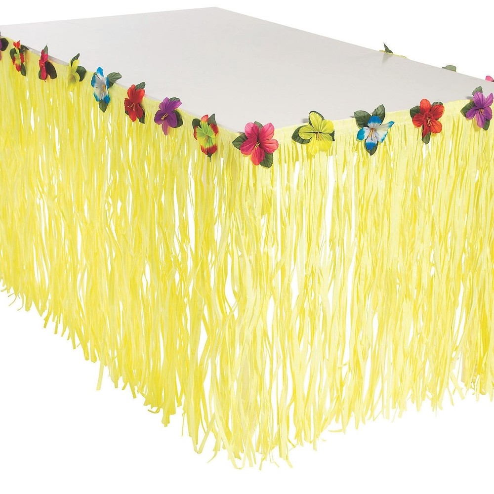 Bright Yellow Plastic Grass Skirt Table Border with Tropical Flowers #588