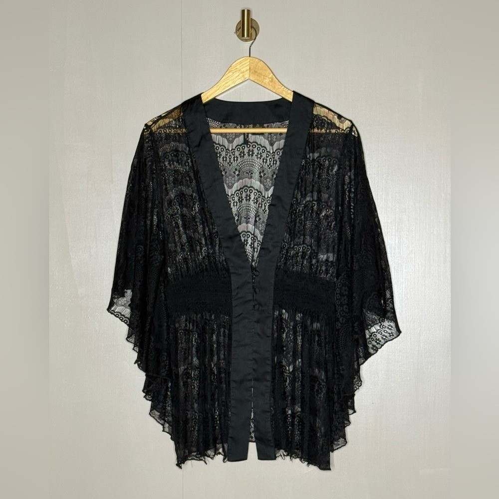 Black Lace Kimono Sheer Whimsygoth Boho Goth Layering Top Bell Sleeve XL