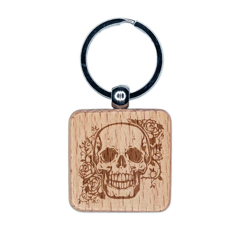 Skull and Roses Flowers Bones Engraved Wood Square Keychain Tag Charm