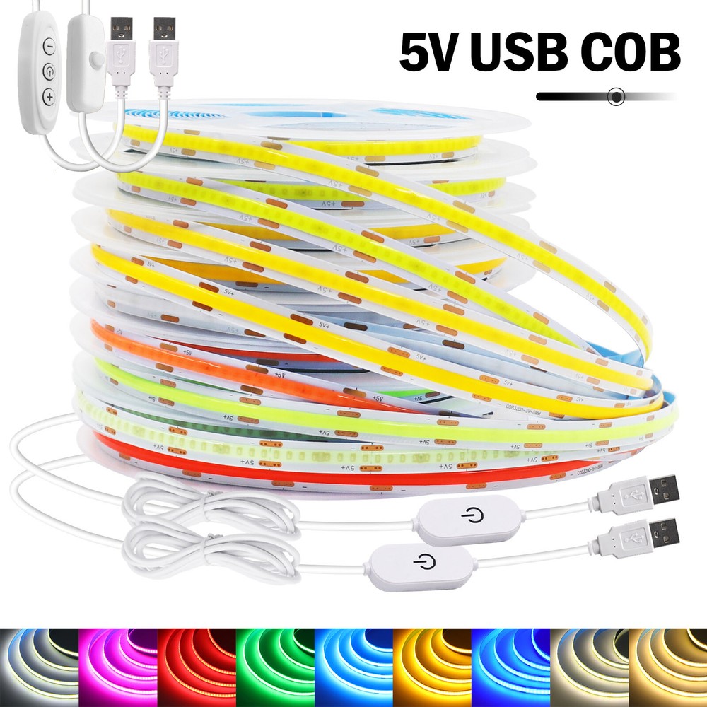 5V COB LED Strip Lights Touch Dimmable DIY 320LED/m Flexible 8MM TV Back Light