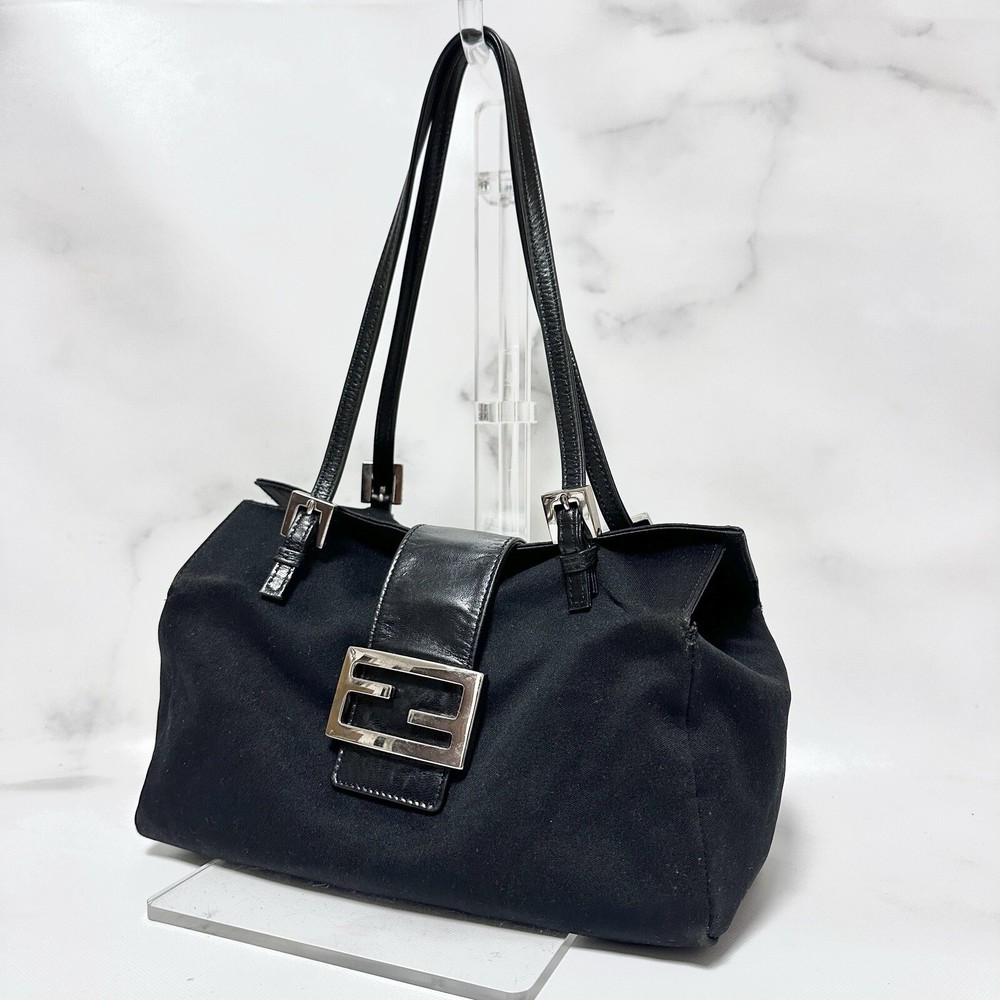FENDI Mamma Baguette Handbag in Black Polyester Authentic Luxury