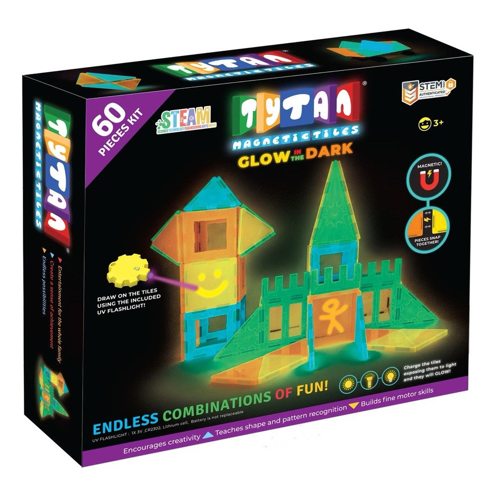 Glow in the Dark Magnetic Tiles Building Set 60-Piece Multicolor by Tytan