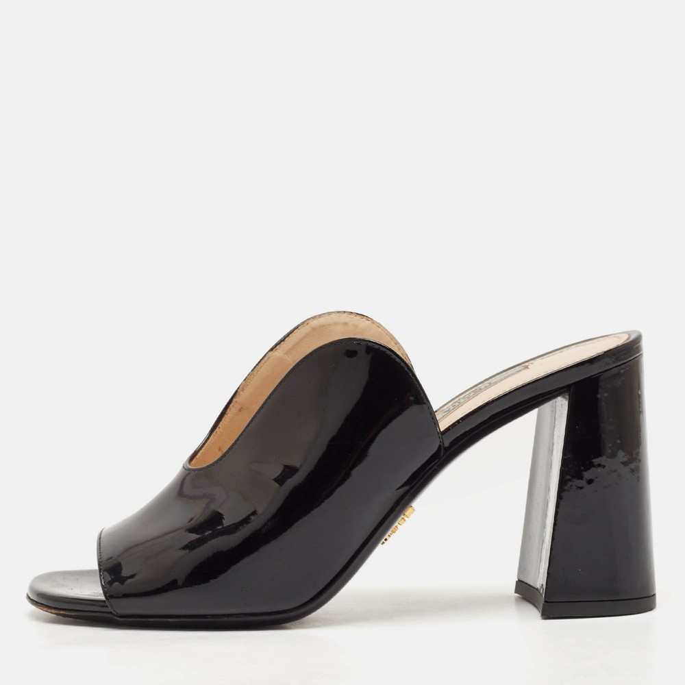 Prada Black Patent Leather Peep Toe Mules Size 36
