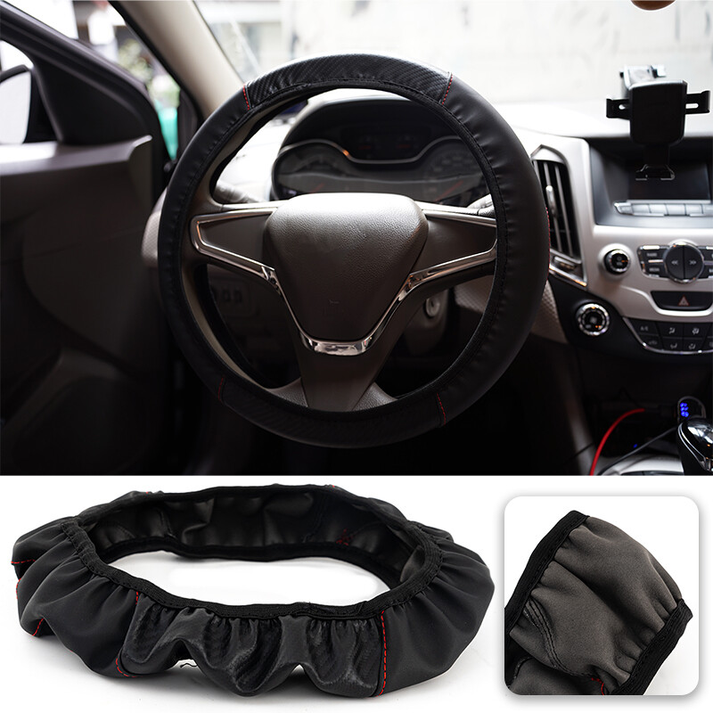 Carbon Black Leather Anti-Slip Breathable Steering Wheel Cover