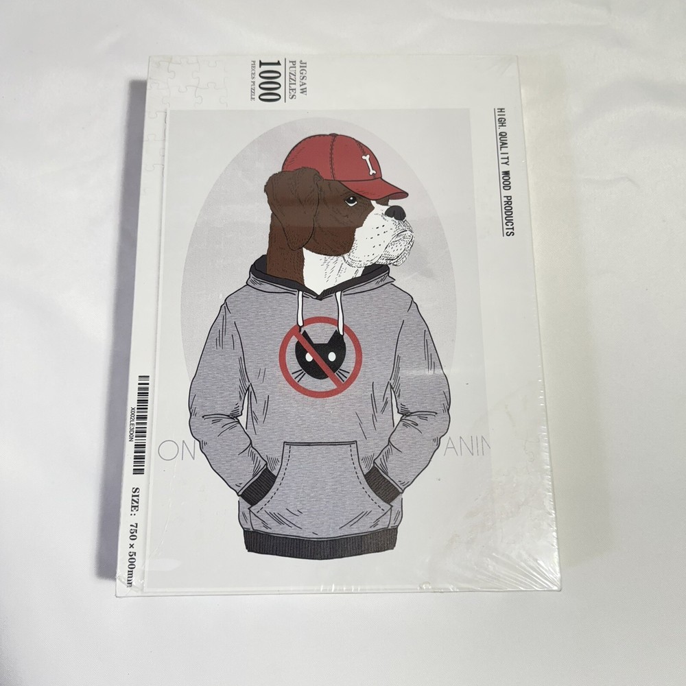 RARE SEALED High Quality Wood 1000 Piece Puzzle Of Boxer Dog In Cat Hoodie