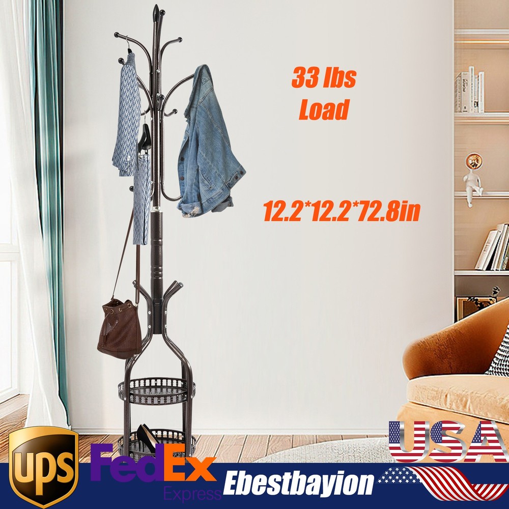 Iron Coat Rack Stand with Hanging Rod - Free Standing Garment Hanger