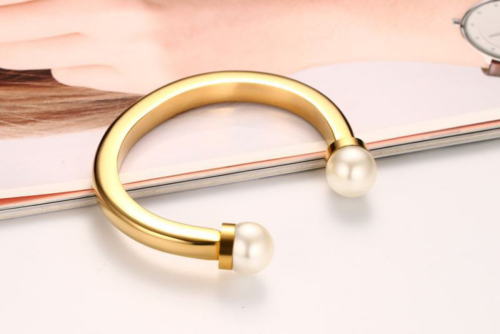 6mm Stainless Steel Pearl Open Bracelet Vacuum Plated Gold Women's Jewelry Gift