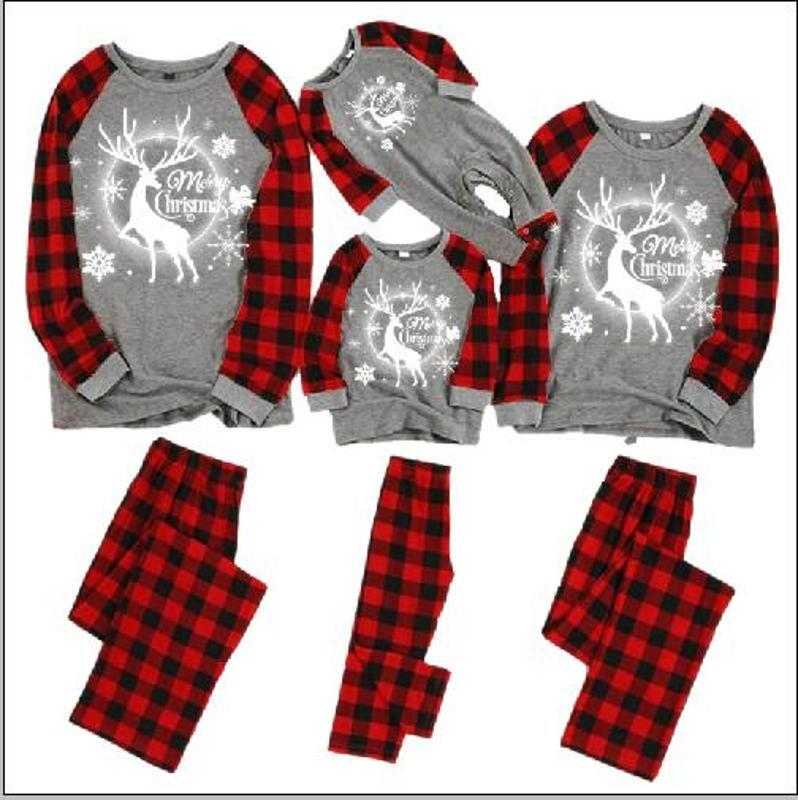 Christmas Pajamas Xmas Elk PJs Nightwear Set Family Matching Boy Grid Printed