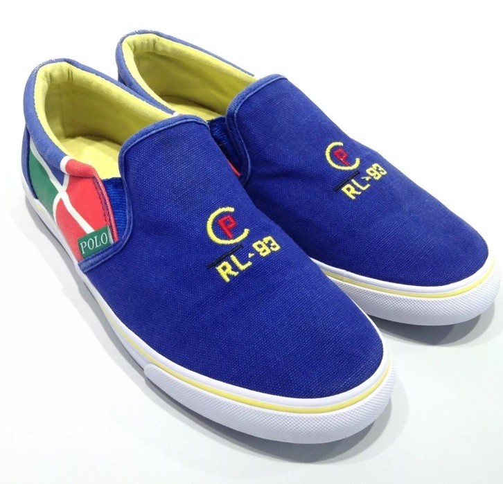 POLO RALPH LAUREN RL-93 - Blue White Slip On Loafers Canvas Boat Shoes Mens 6.5